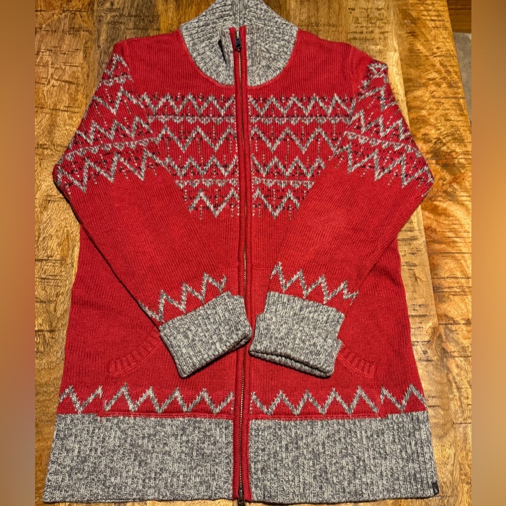 XS Eddie Bauer Red w/ Design Full Double Zipper Mock Neck Sweater w/ Pockets